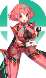 Rule 34 | 1girl, absurdres, black gloves, breasts, earrings, fingerless gloves, gloves, green322, hair ornament, highres, jewelry, large breasts, leggings, nintendo, pantyhose, pyra (xenoblade), red eyes, red hair, red shorts, short hair, short shorts, shorts, solo, super smash bros., super smash bros. logo, thighhighs, tiara, xenoblade chronicles (series), xenoblade chronicles 2
