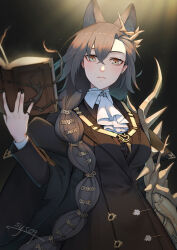 Rule 34 | absurdres, animal ears, arknights, ascot, black coat, black jacket, black nails, book, braid, brown hair, coat, extra ears, gauntlets, highres, holding, holding book, jacket, mole above eye, mole on forehead, open book, open clothes, open coat, penance (arknights), single gauntlet, sy509, tail, white ascot, wolf ears, wolf girl, wolf tail, yellow eyes