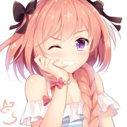 Rule 34 | 1boy, astolfo (fate), astolfo (sparkling frills) (fate), bare shoulders, bead bracelet, beads, bikini, bikini top only, black bow, black ribbon, blue bikini, blush, bow, bracelet, braid, collarbone, fang, fate/grand order, fate (series), fingernails, grin, hair bow, hair over shoulder, hair ribbon, hand on own cheek, hand on own face, jewelry, long hair, looking at viewer, male focus, multicolored hair, nahaki, off-shoulder bikini, off shoulder, official alternate costume, one eye closed, pink bow, pink hair, purple eyes, ribbon, sidelocks, signature, simple background, single braid, smile, solo, streaked hair, striped bikini, striped bikini top, striped clothes, swimsuit, trap, upper body, white background, white hair, wrist bow