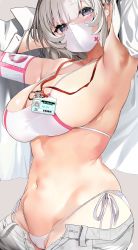 Rule 34 | 1girl, absurdres, armpits, arms behind head, arms up, bare shoulders, bikini, blue eyes, breasts, cleavage, collarbone, facedesk, gluteal fold, groin, highleg, highleg panties, highres, id card, jacket, large breasts, looking at viewer, marushin (denwa0214), mask, mole, mole on neck, mole under eye, mouth mask, navel, nurse, open clothes, open fly, open jacket, original, panties, partially visible vulva, sideboob, silver hair, surgical mask, swimsuit, underwear, white bikini