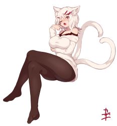 Rule 34 | 1girl, animal ears, bare shoulders, blush, breast hold, breasts, brown pantyhose, cat ears, cat girl, cat tail, crossed legs, fang, full body, hair ornament, hairclip, hand up, heart, heart hair ornament, highres, kazana (sakuto), large breasts, looking at viewer, multiple tails, no shoes, nose blush, off-shoulder sweater, off shoulder, one eye closed, open mouth, original, pantyhose, red eyes, signature, simple background, sitting, solo, sweater, tail, two tails, white background, white hair, white sweater