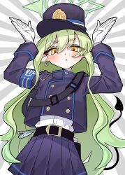 Rule 34 | absurdres, armband, arms up, belt, black belt, black hat, black tail, blue archive, blue armband, buttons, demon tail, double-breasted, gloves, green hair, green halo, halo, happy jolson, hat, hikari (blue archive), highres, looking at viewer, peaked cap, pointy ears, tail, white gloves