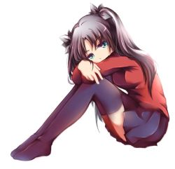 Rule 34 | 1girl, arm rest, black hair, black skirt, black thighhighs, blurry, breasts, commentary request, fate (series), from side, green eyes, hair ornament, head rest, hugging own legs, latealatea, legs together, long hair, looking at viewer, looking to the side, parted bangs, pleated skirt, red sweater, skirt, solo, sweater, thighhighs, tohsaka rin, twintails, white background, zettai ryouiki