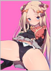 Rule 34 | 1girl, abigail williams (fate), bad id, bad twitter id, black panties, black socks, black sweater, blonde hair, blue eyes, blush, bow, bow panties, bowtie, caburi, cameltoe, clothes lift, collared shirt, commentary request, fate/grand order, fate (series), grey skirt, groin, hair bow, highres, holding, holding stuffed toy, lifted by self, loafers, long hair, looking at viewer, multiple hair bows, orange bow, panties, parted bangs, pink background, polka dot, polka dot bow, purple bow, shirt, shoes, skirt, skirt lift, sleeves past wrists, smile, socks, solo, spread legs, stuffed animal, stuffed toy, sweater, teddy bear, thighs, underwear, very long hair