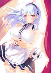 Rule 34 | 1girl, apron, azur lane, bare shoulders, black hairband, blush, breasts, character doll, clothing cutout, commander (azur lane), curtains, dido (azur lane), earrings, frills, hairband, highres, indoors, jewelry, large breasts, long hair, looking at viewer, maid, pink eyes, purple eyes, ryoutsu, sleeveless, solo, thighhighs, underboob, underboob cutout, waist apron, white apron, white hair, white thighhighs, window