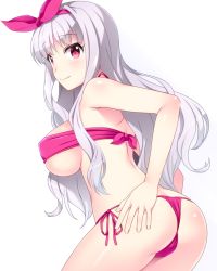 Rule 34 | 1girl, ass, bandeau, bikini, blush, breasts, cameltoe, covered erect nipples, female focus, hairband, hand on own ass, idolmaster, idolmaster (classic), large breasts, long hair, looking at viewer, looking back, red eyes, shijou takane, shiny skin, side-tie bikini bottom, sideboob, silver hair, smile, solo, swimsuit, totokichi, underboob