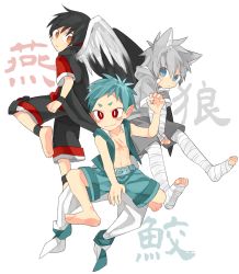 Rule 34 | 3boys, angel wings, animal ears, bad id, bad twitter id, bandaged arm, bandaged leg, bandages, barefoot, belt buckle, black hair, black wristband, blouse, blue eyes, bright pupils, buckle, full body, gills, green hair, green shorts, green vest, grey hoodie, grey shorts, hair between eyes, highres, hood, hoodie, male focus, multiple boys, original, pointy ears, red eyes, red shirt, scar, scar on chest, shirt, shorts, silver hair, simple background, slit pupils, sweater, tagme, touyama (t3yama2), translated, vest, white background, wings, wolf ears, wristband, yellow eyes