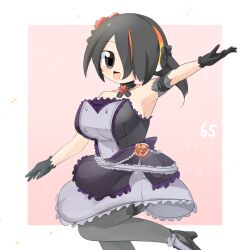 Rule 34 | 1girl, :d, alternate costume, black choker, black footwear, black gloves, black hair, black shirt, blush, breasts, brown eyes, buttons, choker, commentary request, emperor penguin (kemono friends), flower, foot out of frame, frilled choker, frilled shirt, frilled skirt, frills, gloves, grey pantyhose, grey skirt, hair between eyes, hair over one eye, headphones, high heels, highres, idol, kemono friends, large breasts, lets0020, long bangs, looking at viewer, multicolored hair, numbered, open mouth, orange flower, orange hair, orange rose, pantyhose, pink background, rose, shirt, short hair, skirt, smile, solo, sparkle, strapless, strapless shirt, streaked hair