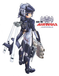 Rule 34 | 1girl, aircraft, airwolf, airwolf (helicopter), ass, blue eyes, blush, character name, copyright name, helicopter, light purple hair, light smile, looking back, mecha musume, original, simple background, solo, soukaa (golden sash), weapon