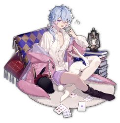 Rule 34 | 1boy, animal ears, artist request, blouse, blue hair, book, cardigan, collarbone, crossed legs, game cg, lantern, mahjong soul, male focus, official art, one eye closed, open mouth, partially unbuttoned, pillow, ponytail, purple eyes, rabbit ears, rug, ryan (mahjong soul), shirt, short shorts, shorts, simple background, sitting, sleepy, socks, solo, tassel, transparent background, white shirt, yostar