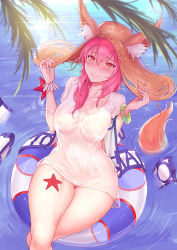 Rule 34 | 1girl, animal ears, blouse, blush, bottomless, breasts, closed mouth, collarbone, crossed legs, day, ears through headwear, eliskalti, fate/grand order, fate (series), floating, fox ears, fox tail, hat, innertube, large breasts, long hair, looking at viewer, looking up, naked shirt, navel, nipples, no bra, ocean, outdoors, palm leaf, patreon username, pink hair, see-through, shirt, solo, starfish, swim ring, t-shirt, tail, tamamo (fate), tamamo no mae (fate/extra), tamamo no mae (swimsuit lancer) (fate), tamamo no mae (swimsuit lancer) (second ascension) (fate), water, watermark, wet, wet clothes, wet shirt, white shirt, yellow eyes