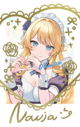 1girl black_flower blonde_hair blue_eyes border breasts character_name cleavage collar commentary_request detached_collar flower genshin_impact hair_flower hair_ornament hands_up heart heart_hands long_hair looking_at_viewer maid_headdress medium_breasts navia_(genshin_impact) omelet_tomato smile solo twitter_username very_long_hair white_border white_collar white_wrist_cuffs wrist_cuffs