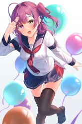 Rule 34 | 1girl, angel ina, arm above head, balloon, black footwear, black thighhighs, blouse, blue skirt, character request, commentary request, copyright request, grin, hair ornament, hairclip, heterochromia, highres, looking at viewer, neckerchief, open mouth, pink eyes, pink hair, pleated skirt, salute, school uniform, serafuku, shirt, side ponytail, skirt, smile, solo, standing, standing on one leg, thighhighs, white background, white shirt, yellow eyes