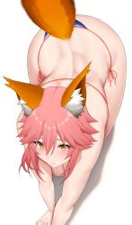 Rule 34 | 1girl, absurdres, all fours, animal ear fluff, animal ears, arind yudha, back, bikini, blue bikini, blush, breasts, cleavage, closed mouth, fate/grand order, fate (series), fox ears, fox girl, fox tail, hair between eyes, highres, huge breasts, orange trim, pink hair, pink lips, side-tie bikini bottom, simple background, solo, swimsuit, tail, tamamo (fate), tamamo no mae (fate/extra), tamamo no mae (swimsuit lancer) (fate), tamamo no mae (swimsuit lancer) (third ascension) (fate), thighs, top-down bottom-up, white background, yellow eyes
