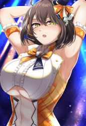 Rule 34 | 1girl, :o, ahoge, arm strap, armpits, arms behind head, arms up, azur lane, baltimore (azur lane), baltimore (muse) (azur lane), bare shoulders, blush, bow, breasts, brown hair, center opening, clothing cutout, commentary request, eyebrows hidden by hair, hair between eyes, hat, headset, highres, idol, large breasts, looking at viewer, mini hat, navel, navel cutout, nebitora, official alternate costume, open mouth, orange bow, shirt, short hair, sidelocks, sleeveless, sleeveless shirt, solo, stage lights, standing, sweat, underboob, underboob cutout, upper body, yellow eyes