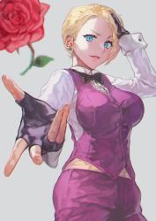 Rule 34 | 1girl, black bow, black gloves, blonde hair, blue eyes, bow, bowtie, breasts, earrings, fingerless gloves, flower, gloves, half gloves, hand in own hair, hand on own head, highres, jewelry, king (snk), long sleeves, looking at viewer, open mouth, otsudou, red flower, red rose, rose, ryuuko no ken, short hair, simple background, smile, solo, the king of fighters, the king of fighters xv, tossing, upper body, white background