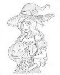 Rule 34 | 1girl, bleach, halloween, hat, inoue orihime, long hair, looking at viewer, open mouth, rakusakugk, smile, solo, witch hat