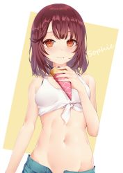 Rule 34 | 1girl, arm at side, atelier (series), atelier sophie, bad id, bad pixiv id, bare shoulders, blue shorts, blush, breasts, brown hair, character name, closed mouth, collarbone, commentary request, cream, cream on face, crepe, crop top, eating, food, food on face, food wrapper, groin, highres, holding, holding food, looking at viewer, medium breasts, medium hair, navel, rococo, shorts, small breasts, solo, soloshorts, sophie neuenmuller, standing, stomach, tank top, white tank top, yellow eyes