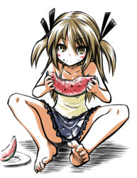 Rule 34 | 1girl, bare shoulders, barefoot, blush, brown eyes, brown hair, butterfly sitting, camisole, eating, feet, food, food on face, fruit, hair ribbon, highres, kagami ryouko, long hair, looking at viewer, original, plate, ribbon, sitting, skirt, solo, twintails, two side up, watermelon, yoshida hideyuki