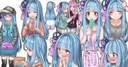 Rule 34 | 2girls, ^ ^, aqua shirt, bare arms, bare shoulders, baseball cap, black thighhighs, blue hair, blue shorts, blush, breath, cardigan, closed eyes, closed mouth, collarbone, collared shirt, drawstring, food, grey shorts, hair ornament, hand on another&#039;s head, hand up, hands in pocket, hands up, hat, heart, heart-shaped pupils, highres, holding food, holding ice cream, hood, hood down, hoodie, ice cream, kotonoha akane, kotonoha aoi, light blue hair, long hair, looking at another, microa, mint chocolate, mint chocolate chip, multiple girls, necktie, nose blush, off-shoulder shirt, off shoulder, open mouth, orange cardigan, own hands together, pink-framed eyewear, pink hair, pink necktie, pink thighhighs, purple shirt, red eyes, semi-rimless eyewear, shirt, shorts, siblings, simple background, single bare shoulder, sisters, sitting, smile, speech bubble, symbol-shaped pupils, t-shirt, teeth, thighhighs, translation request, under-rim eyewear, upper teeth only, voiceroid, white background, white shirt, zettai ryouiki