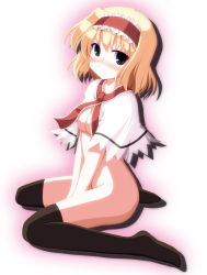 Rule 34 | 1girl, alice margatroid, between legs, black thighhighs, blonde hair, blush, breasts, capelet, full body, grey eyes, hair between eyes, hairband, halo, hand between legs, kinagi yuu, looking at viewer, multicolored hairband, nude, ribbon, short hair, sitting, small breasts, solo, thighhighs, touhou, v arms, wariza, white background