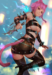 Rule 34 | 1girl, animal ears, ariverkao, arm belt, bare shoulders, belt, belt bra, boots, bracelet, breasts, brown eyes, cat ears, cat tail, collar, dated, high heel boots, high heels, jewelry, knife, large breasts, looking at viewer, looking back, miniskirt, multiple belts, original, pink hair, revealing clothes, signature, skirt, smile, solo, spiked belt, spiked bracelet, spikes, tail, thigh boots, thighhighs, thighs, underboob, zettai ryouiki