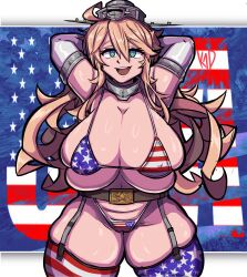 Rule 34 | 1girl, american flag, american flag background, american flag bikini, american flag legwear, american flag panties, american flag print, arms behind head, asymmetrical legwear, bikini, blonde hair, breasts, cleavage, commentary, english commentary, flag print, garter straps, highres, huge breasts, iowa (kancolle), kantai collection, medium hair, print bikini, print panties, shiny skin, skindentation, smile, solo, star-shaped pupils, star (symbol), string bikini, swimsuit, symbol-shaped pupils, th3k1d, thick thighs, thighhighs, thighs