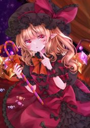Rule 34 | 1girl, alternate color, black bow, blush, bow, bowtie, candy, candy cane, commentary request, crystal, curtains, finger to own chin, flandre scarlet, food, frilled bow, frills, hat, hat ribbon, jack-o&#039;-lantern, jaku sono, makeup, mob cap, orange bow, orange bowtie, pointy ears, puffy short sleeves, puffy sleeves, red eyes, red skirt, red vest, ribbon, short sleeves, side ponytail, sidelocks, sitting, skirt, solo, sparkle, star-shaped pupils, star (symbol), star print, symbol-shaped pupils, touhou, upper body, vest, wings