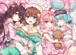 Rule 34 | 4girls, :d, animal ears, animal hat, aoki kaede, bare shoulders, bed sheet, blue hair, blush, braid, breasts, brown hair, cat ears, cat hat, cleavage, collarbone, commentary request, dress, frills, fur trim, green eyes, green shorts, hair between eyes, hair bobbles, hair ornament, hair ribbon, hairclip, hat, hug, hugging object, jacket, large breasts, lilia chocolanne, long sleeves, looking at viewer, low twintails, lying, mask, mask on head, multiple girls, on back, on side, open clothes, open jacket, open mouth, original, pillow, pink dress, pink hair, pink jacket, pink ribbon, polka dot, polka dot dress, purple dress, purple eyes, red eyes, ribbon, short shorts, short twintails, shorts, sleep mask, sleeves past wrists, smile, star (symbol), striped clothes, striped jacket, stuffed animal, stuffed dog, stuffed toy, suzunone rena, twintails, white hat