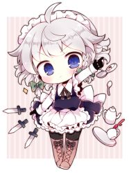 Rule 34 | &gt;:&lt;, 1girl, :&lt;, ahoge, apron, arm up, bad id, bad pixiv id, beige background, black gloves, black legwear, blue eyes, blush, boots, braid, brown footwear, chibi, closed mouth, cup, frilled apron, frills, full body, gloves, izayoi sakuya, knife, kyou (nekoneko), long sleeves, looking at viewer, maid, maid apron, maid headdress, neck ribbon, outline, outside border, pocket watch, ribbon, side braid, silver hair, skirt, skirt set, solo, spoon, standing, striped, striped background, teacup, teapot, touhou, tray, twin braids, v-shaped eyebrows, vertical stripes, waist apron, watch
