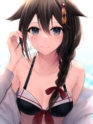 Rule 34 | 1girl, bikini, black bikini, blue eyes, blush, braid, breasts, brown hair, commentary request, guricoogen, hair between eyes, hair flaps, hair ornament, hair ribbon, highres, jacket, kantai collection, long hair, long sleeves, looking at viewer, medium breasts, off shoulder, open clothes, open jacket, red ribbon, ribbon, sailor bikini, sailor collar, shigure (kancolle), shigure kai ni (kancolle), signature, simple background, single braid, smile, solo, swimsuit, twitter username, upper body, wet