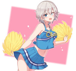 Rule 34 | 1girl, :d, absurdres, anastasia (idolmaster), aqua eyes, armpit crease, azu ankoowl, blurry, blurry background, blush, breasts, cheerleader, cowboy shot, crop top, dutch angle, grey hair, highres, holding, holding pom poms, idolmaster, idolmaster cinderella girls, looking at viewer, medium breasts, midriff, miniskirt, open mouth, pleated skirt, pom pom (cheerleading), pom poms, print shirt, shirt, short hair, simple background, skirt, sleeveless, sleeveless shirt, smile, solo, sweatdrop