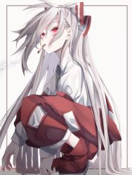 Rule 34 | 1girl, arm strap, baggy pants, between legs, boots, bow, cigarette, collared shirt, commentary, fujiwara no mokou, full body, hair bow, hand between legs, highres, long hair, long sleeves, pants, red bow, red eyes, red footwear, red pants, shirt, simple background, smoke, smoking, solo, squatting, suspenders, touhou, tsune (tune), two-tone bow, very long hair, white bow, white hair, white shirt