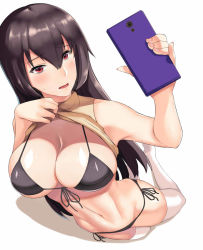 Rule 34 | 10s, 1girl, abs, bikini, bikini under clothes, black bikini, black hair, breasts, brown shirt, cellphone, cleavage, clothes lift, commentary request, front-tie top, groin, hai ookami, holding, holding phone, kantai collection, kneeling, large breasts, lifted by self, long hair, nagato (kancolle), navel, open mouth, parted lips, phone, red eyes, revision, selfie, shadow, shiny skin, shirt, shirt lift, side-tie bikini bottom, skindentation, sleeveless, sleeveless shirt, solo, stomach, sweatdrop, swimsuit, thighhighs, underboob, white thighhighs