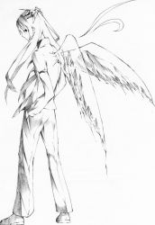 Rule 34 | 1girl, back, bad id, bad pixiv id, female focus, fujiwara no mokou, full body, greyscale, hands in pockets, highres, looking back, marushi, monochrome, simple background, solo, standing, touhou, traditional media, white background, wings