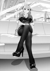 Rule 34 | 1girl, aged up, arm support, bag, black footwear, black jacket, black pantyhose, black skirt, breasts, butterfly hair ornament, closed mouth, crossed legs, from below, go-toubun no hanayome, greyscale, hair ornament, high heels, high ponytail, highres, jacket, kosmos beta, large breasts, legs, long hair, looking at viewer, looking down, miniskirt, monochrome, nakano nino, pantyhose, pencil skirt, shirt, shoulder bag, sitting, skirt, solo, train interior, white shirt, window
