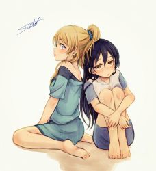 Rule 34 | 2girls, :t, ayase eli, barefoot, blonde hair, blue eyes, blue scrunchie, blue shirt, blue shorts, blush, brown eyes, collared shirt, commentary request, feet, from side, hair between eyes, hair ornament, hair scrunchie, high ponytail, hugging own legs, knees up, lilylion26, long hair, looking at viewer, love live!, love live! school idol project, multiple girls, profile, purple hair, raglan sleeves, scrunchie, shirt, short sleeves, shorts, signature, simple background, sitting, sonoda umi, wariza, white background
