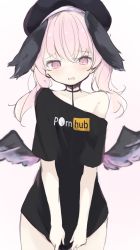 Rule 34 | 1girl, alternate costume, black shirt, blue archive, clothes writing, collarbone, hair between eyes, hat, head wings, highres, koharu (blue archive), kyuukon (qkonsan), long hair, open mouth, pink hair, pornhub, purple eyes, shirt, shirt tug, simple background, solo, t-shirt, twintails, winged hat, wings