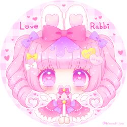 Rule 34 | 1girl, animal ears, blunt bangs, blush, bow, capelet, chibi, commentary request, covered mouth, drill hair, english text, frilled capelet, frills, hair bow, hair ornament, heart, heart-shaped pupils, heart hair ornament, himetsuki luna, holding, long hair, original, own hands together, pink capelet, pink eyes, pink theme, plaid, purple bow, rabbit ears, red bow, solo, symbol-shaped pupils, twin drills, twintails, twitter username, upper body, white bow, yellow bow