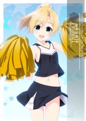Rule 34 | 1girl, alternate costume, artist name, black shirt, black skirt, blonde hair, character name, cheering, cheerleader, commentary request, cowboy shot, crop top, grey eyes, highres, holding, holding pom poms, inaba shiki, kantai collection, long hair, looking at viewer, maikaze (kancolle), midriff, one-hour drawing challenge, parted bangs, pleated skirt, pom pom (cheerleading), pom poms, ponytail, shirt, skirt, sleeveless, sleeveless shirt, smile, solo