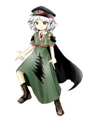Rule 34 | 1other, androgynous, badge, black cape, black footwear, black hat, blunt bangs, blush stickers, boots, brooch, cape, closed mouth, collared shirt, commentary request, cross-laced footwear, double finger gun, dress, finger gun, fujiwara no shirogane no sanra, full body, green dress, green hat, grey eyes, hat, highres, jewelry, korean commentary, len&#039;en, long dress, looking at viewer, military hat, military uniform, neck ribbon, other focus, pagoda, parody, parted bangs, red ribbon, ribbon, shirt, short hair, short sleeves, simple background, smile, solo, standing, star brooch, style parody, tachi-e, touhou, two-tone headwear, uniform, v-shaped eyebrows, waiwa way, white background, white hair, white shirt, wing print, yin yang, yin yang print, zun (style)