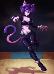 Rule 34 | 10s, 1girl, animal ears, belt, black neckwear, black pants, bracelet, breasts, cat ears, cat girl, cat tail, choker, claws, cleavage, closed mouth, crop top, dragon ball, dragon ball super, female focus, full body, hair between eyes, highres, hop (dragon ball), jewelry, lavender skin, long sleeves, looking at viewer, mazume, medium breasts, midriff, monster girl, navel, pants, purple hair, short hair, smile, solo, spiked anklet, spiked bracelet, spikes, tail, universe 9 (dragon ball), yellow eyes