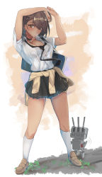 Rule 34 | 1girl, absurdres, ahoge, alternate costume, arms up, azur lane, bag, baltimore (after-school ace) (azur lane), baltimore (azur lane), beige sweater, black hair, black necktie, black skirt, blush, braid, breasts, brown footwear, choker, cleavage, clothes around waist, collarbone, collared shirt, highres, kneehighs, large breasts, loafers, looking at viewer, loose neckwear, necktie, parted lips, pleated skirt, school uniform, shirt, shoes, short hair, short sleeves, skirt, socks, solo, sweat, sweater, sweater around waist, tan, uniform, white socks, yellow eyes, yusha m