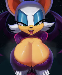 Rule 34 | 1girl, absurdres, animal ears, bat ears, bat wings, bodysuit, breasts, cleavage cutout, clothing cutout, cowboy shot, cranihum, eyelashes, eyeshadow, gloves, green eyes, half-closed eyes, highres, huge breasts, leaning forward, lipstick, looking at viewer, makeup, night, night sky, open mouth, rouge the bat, shiny skin, short hair, sky, smile, solo, sonic (series), sonic prime, standing, star (sky), starry sky, teeth, tongue, upper teeth only, white gloves, white hair, wings