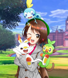 Rule 34 | 1girl, ;d, absurdres, blue sky, blurry, blurry background, brown eyes, brown hair, cardigan, cloud, collared shirt, creatures (company), game freak, gen 8 pokemon, gloria (pokemon), green headwear, grey cardigan, grookey, highres, holding, holding pokemon, hooded cardigan, long sleeves, looking at viewer, nintendo, on head, on shoulder, one eye closed, open mouth, outdoors, pokemon, pokemon (creature), pokemon on head, pokemon on shoulder, pokemon swsh, red shirt, scorbunny, shirt, short hair, sky, smile, sobble, starter pokemon trio, teamfor k, wing collar