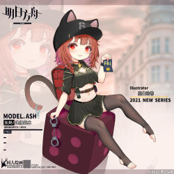 Rule 34 | 1girl, absurdres, aged down, animal ears, arknights, artist name, ash (rainbow six siege), ash (ranger) (rainbow six siege), badge, baseball cap, bell, black headwear, black shirt, black skirt, black thighhighs, breasts, cat ears, cat girl, cat tail, character name, chinese commentary, choker, cleavage cutout, clothing cutout, copyright name, crop top, cuffs, dated commentary, dice, ears through headwear, flashbang, handcuffs, hat, highres, holding, holding handcuffs, infection monitor (arknights), kuroshiroemaki, looking at viewer, medium hair, midriff, navel, neck bell, official alternate costume, open mouth, orange hair, pleated skirt, rainbow six siege, red choker, red eyes, shirt, sitting, skirt, small breasts, tail, thighhighs, toeless legwear, toes, watermark, wristband, zettai ryouiki, zoom layer