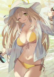 Rule 34 | 1girl, bikini, blue archive, blush, breasts, cleavage, collarbone, flower, front-tie top, gluteal fold, green eyes, halo, hat, highres, holding, large breasts, light brown hair, long hair, looking at viewer, momiji oroshi, navel, nonomi (blue archive), nonomi (swimsuit) (blue archive), open mouth, side-tie bikini bottom, slippers, smile, solo, sun hat, swimsuit, thigh gap, white hat, yellow bikini