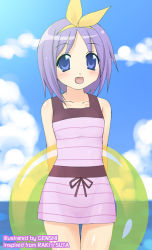 Rule 34 | 00s, 1girl, :d, arms behind back, bare shoulders, blue eyes, blue sky, cloud, day, dress, genshi, hiiragi tsukasa, innertube, looking at viewer, lucky star, open mouth, outdoors, pink hair, purple dress, short hair, sky, sleeveless, sleeveless dress, smile, solo, standing, swim ring, thigh gap, transparent