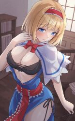 Rule 34 | 1girl, absurdres, alice margatroid, black bra, blonde hair, blue dress, blue eyes, bra, breasts, capelet, cleavage, dress, frilled hairband, frilled ribbon, frills, hairband, highres, indoors, lace, lace-trimmed bra, lace trim, medium breasts, ramie (ramie541), red hairband, red ribbon, ribbon, short hair, solo, touhou, underwear, white capelet
