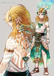 Rule 34 | 1boy, absurdres, alternate costume, backless outfit, bishounen, blonde hair, blue eyes, claws, cosplay, earrings, facepaint, fake horns, highres, horned headwear, horns, jewelry, light dragon (zelda), light dragon (zelda) (cosplay), link, long hair, long skirt, looking at viewer, multiple earrings, multiple necklaces, nekohanemocha, nintendo, pelvic curtain, pointy ears, sandals, skirt, solo, standing, the legend of zelda, the legend of zelda: tears of the kingdom